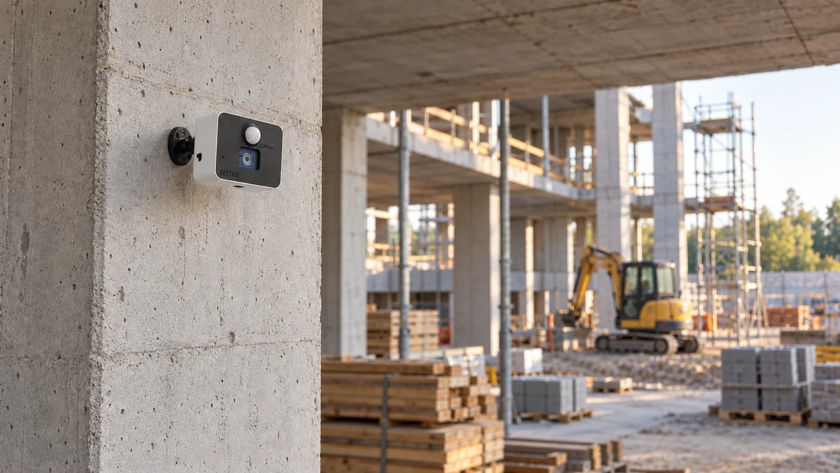 A small battery-powered Perivio camera on a rear mount attached to a structural column in a sheltered construction site, observing building materials and the work area.
